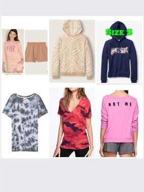 7 VS PINK BLING FLOWER PULLOVER HOODIE, PERFECT CREW TEE, SWEATSHIRT BUNDLE S